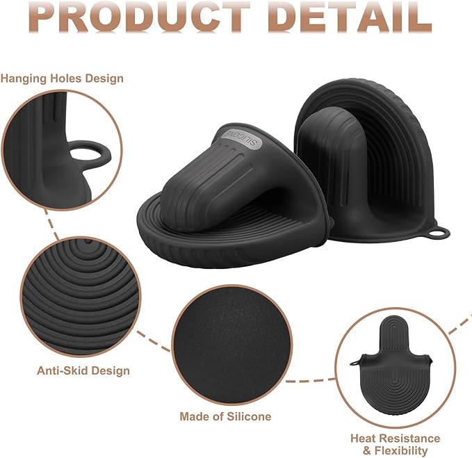 uxcell 2 Pcs Silicone Oven Mitts, Heat Resistant Mini Oven Gloves Silicone Pot Holders Mini Finger Protector Cooking Pinch Grips for Air Fryer Kitchen Cooking & Baking, Black