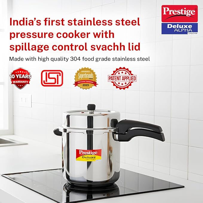 Prestige Deluxe Alpha Svachh Stainless Steel Pressure Cooker with Alpha Base and Deep Lid for Spillage Control, (10 Liter)