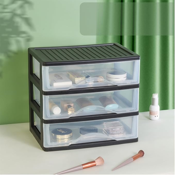 BYCY Medium 3 Drawer Plastic Clear Stacking Desktop Organizer for Office Supplies, Stackable Storage Drawers Storage Bins For Kitchen Cabinets, Pantry, Home Organization (Black, Medium 3Drawer)