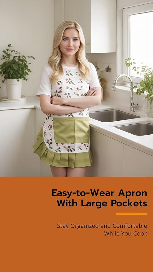Vintage Floral Apron for Women with Functional Pockets Adjustable Neck Strap for Cooking Baking Mother's Gift
