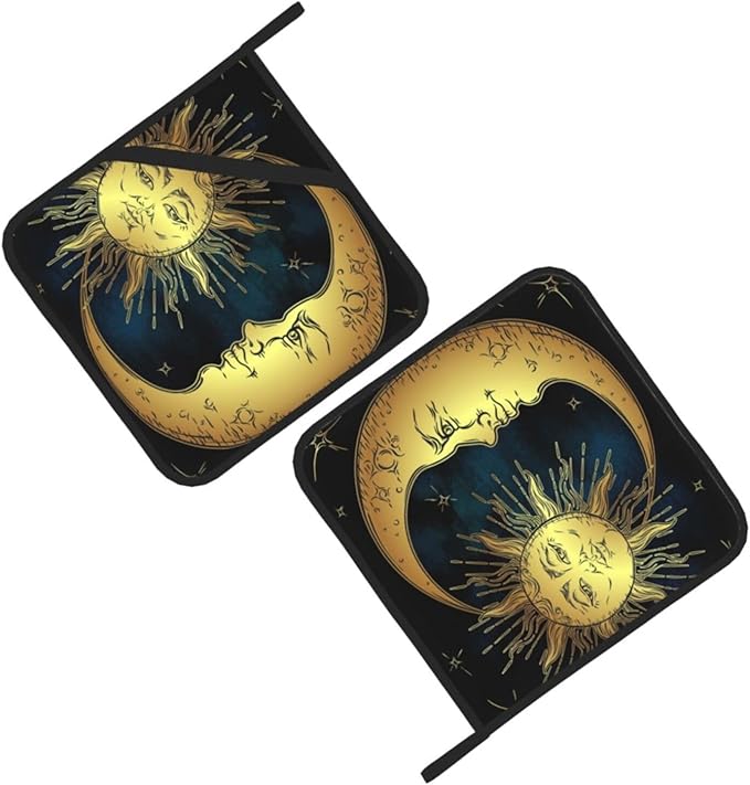 Pot Holder Heat Resistant Set of 2 Golden Sun Moon Stars,Potholders Oven Hot Pads for Kitchen Cooking Baking BBQ