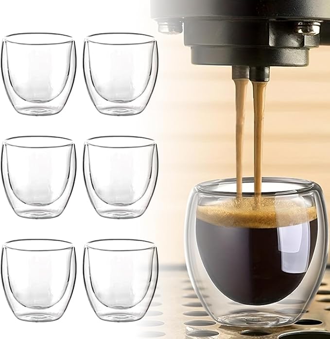 CALIDAKA 6pcs Double Walled Espresso Cups 80ml Clear Glass Modern Demitasse Coffee Mugs for Espresso, Cappuccino, Tea