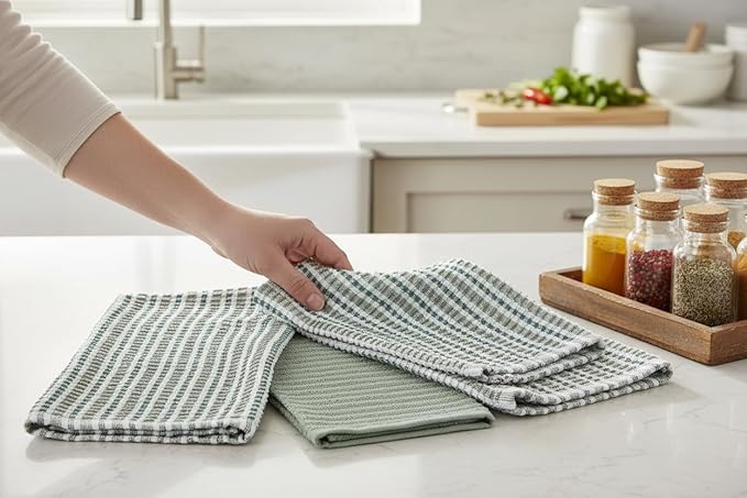 Serafina Home Sage Green Kitchen Dish Towels- Set of 3 100% Cotton Soft Cleaning Drying Absorbent Textured Terry Loop- Oversized 28" x 18" Multipurpose Towels for Everyday Use