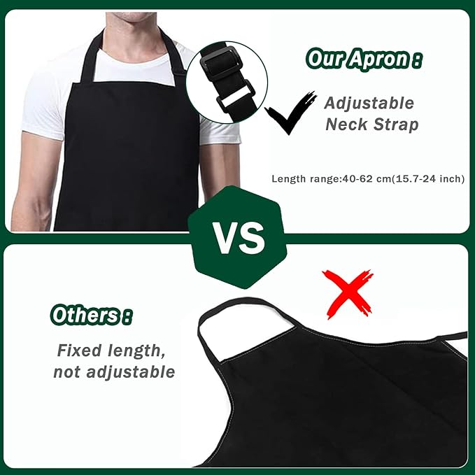 3 Pack Black White Chef Apron, Adjustable Kitchen Apron with 3 Pocket for Men Women Waitress Waiter Serve (Polycotton)