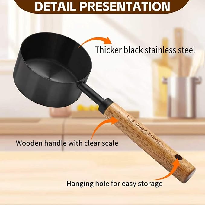 Black Measuring Cups and Spoons Set,8 Piece Stainless Steel Measuring Cup with Wood Handles for Cooking and Baking in the Kitchen