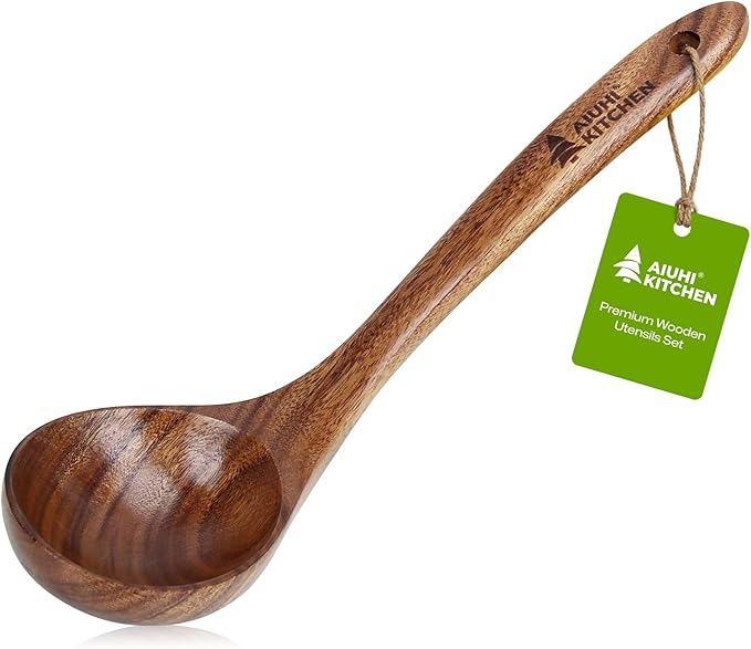 AIUHI Wooden Ladle for Cooking,Teak Wood Soup Ladle, Long Handle Deep Scooper Wooden Serving Spoon – Non-stick & No Scratch