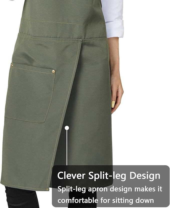 KITCHIEF Pottery Apron Split Leg,Cross Back Chef Apron with Pockets,Painting Apron with Adjustable Straps for Cooking,Baking,BBQ,Ceramic,Gardening(Army green)