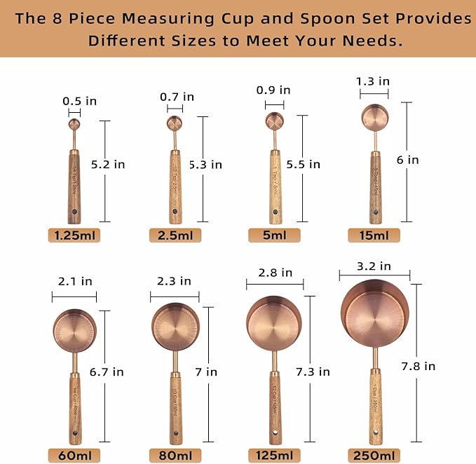 Measuring Cups and Spoons Set of 8, Stainless Steel Measuring Cup with Wooden Handle, Kitchen/Food/Liquid/Baking (Copper)