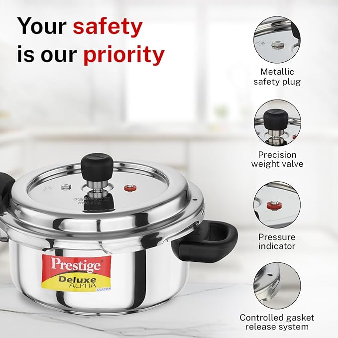 Prestige Deluxe Alpha Svachh Stainless Steel Pressure Cooker with Alpha Base and Deep Lid for Spillage Control, (3 Liter)