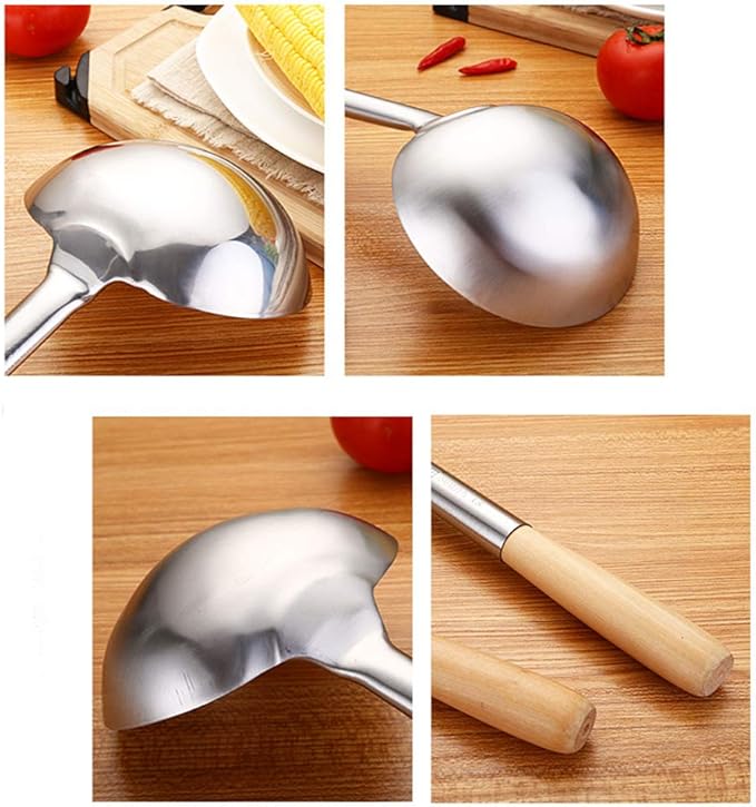 Tenta Kitchen Professional Large Stainless Steel Serving Ladle Spoon - Gravy Ladle Soup Spoon For School Canteen,Hotel Kitchen,Restaurant (Wooden Handle Ladle)