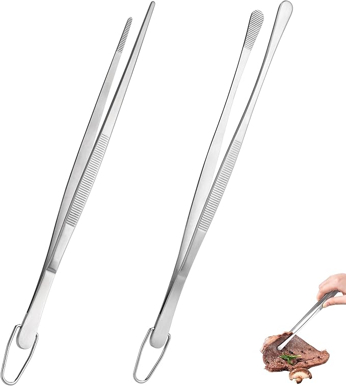 U-Taste 12" Kitchen Cooking Tweezer Set: 18/8 Stainless Steel Food-Grade Metal Food Tong, Flexible Pinching, Seamless-Welding, Sturdy and Non-Slip for Serving, Grilling, Frying (Round & Pointed Tip)
