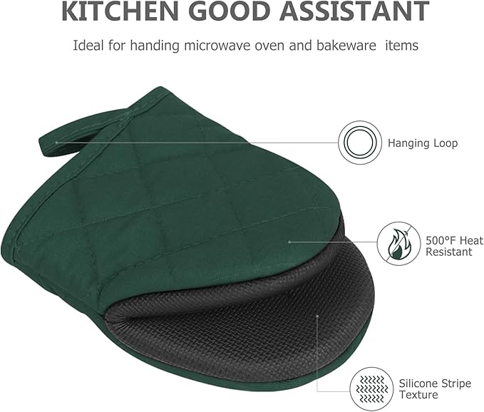 Short Oven Mitts, Heat Resistant 500°F, Silicone Grip Kitchen Gloves, Non-Slip for Baking, Grilling, BBQ, Machine Washable with Hanging Loop, 2-Pack Set, Army Green