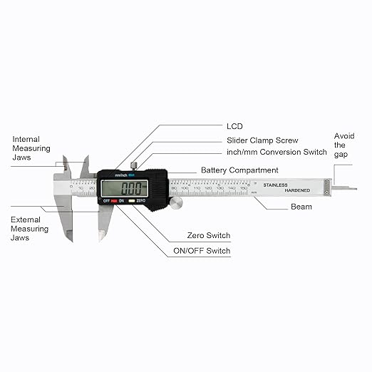 Digital Caliper 0-6" Measuring Tool with Metal Ruler, Micrometer Caliper with Auto-Off Feature, Interchangeable Between inches and millimeters for DIY/Household and 3D Printing, Black
