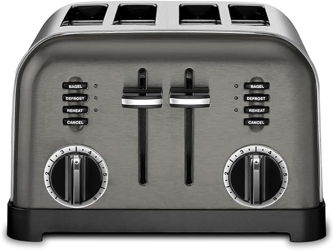 Cuisinart 4 Slice Toaster, Compact Stainless Steel Toaster with Extra-Wide Slots for Toasting Bread, French Toast, Bagels and Pastries, Defrost & Reheat Functions, CPT-180BKSP1, Black/Stainless Steel