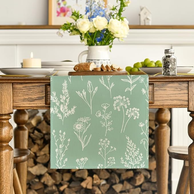 Artoid Mode Sage Green Leaves Flowers Spring Table Runner, Seasonal Kitchen Dining Table Decoration for Home Party Decor 13x72 Inch