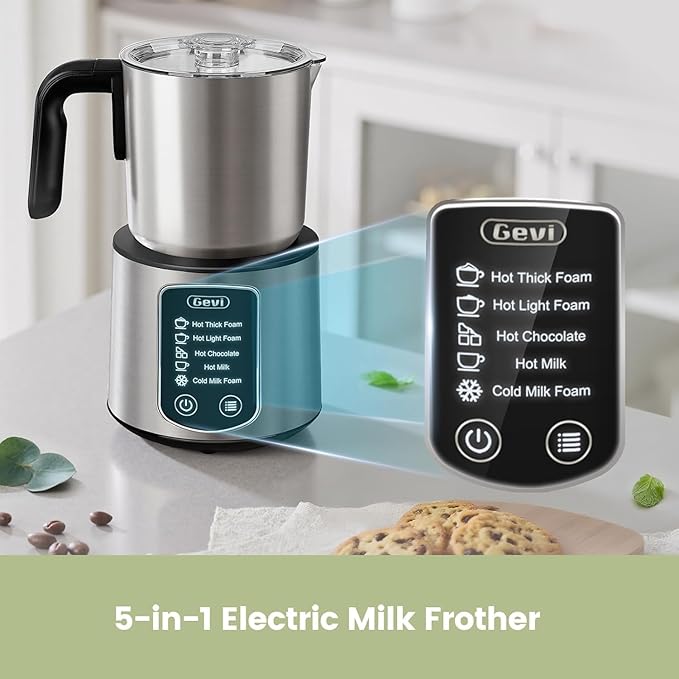 Gevi Milk Frother,5 in 1 Stainless Steel Professional Milk Steamer，Easy to Clean Hot Chocolate Maker,for Hot and Cold Milk Frother for Latte,Macchiato,Cappuccino and Hot Chocolate