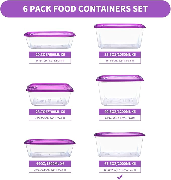 KIGI Large Plastic Food Containers with Snap-on Lids, BPA-Free, Stackable, Reusable, for Kitchen Pantry & Fridge Organization, Microwave, Dishwasher & Freezer Safe Food Storage (8.3 Cup 6-PACK)