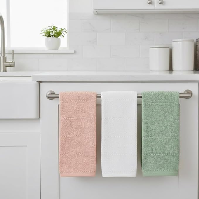 Sage White Light Pink Kitchen Hand Dish Towels: Oversized 28" x 18",100% Cotton Cloth Soft Cleaning Drying Absorbent Textured Design, Set of 3 Multipurpose for Everyday Use - Natural Collection