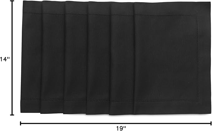 Solino Home Black Placemats Set of 6 - Cotton Linen Hemstitch Placemats 14 x 19 Inch for Spring, Summer, Mothers Day