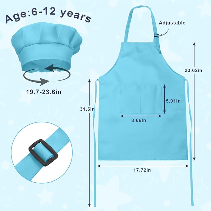 Kids Apron and Chef Hat Set, 16 Pieces Boys Girls Kids Apron with 2 Pockets Adjustable for Cooking Classroom Baking Painting, 6-13 Years, Bright Color