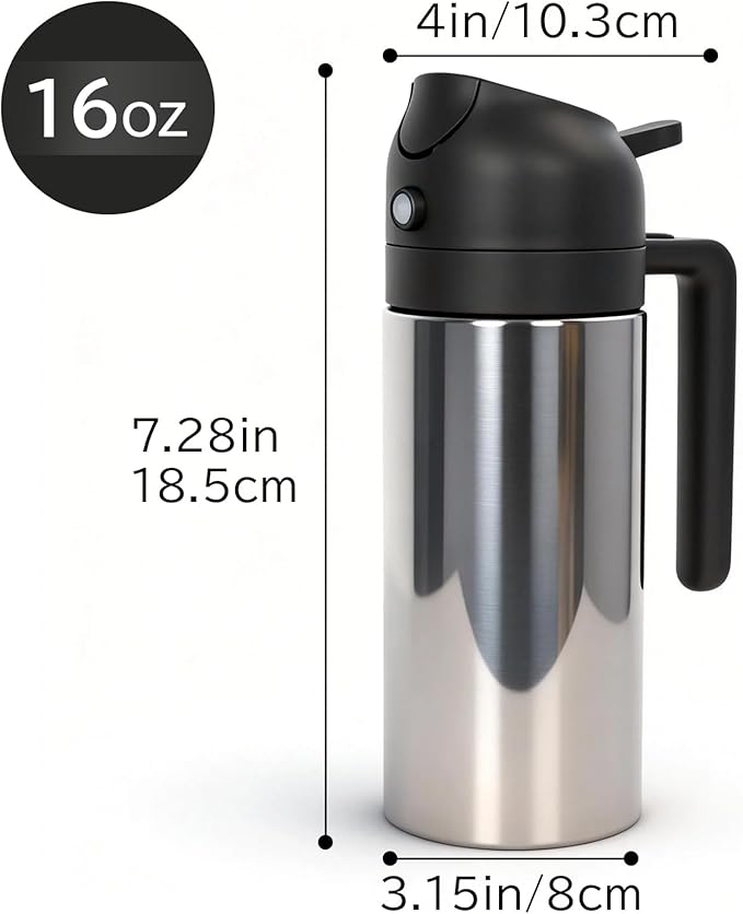 moniko 2-in-1 Oil Dispenser and Oil Sprayer, 16oz/470ml Stainless Steel Olive Oil Sprayer Bottle for Kitchen Cooking, Air Fryer, BBQ, Salad, Baking