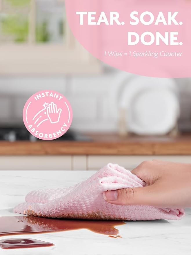 Fantasticlean Large Microfiber Cleaning Cloth Roll - 18'' by 12'', 36 Sheets, Thick, Super Absorbent and Reusable Rags, Daily Cleaning Supplies for Vehicle..(Pink)