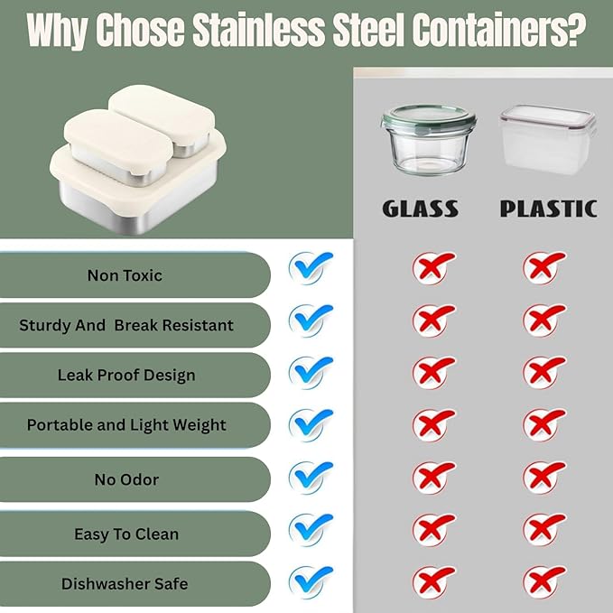 Modaniam Stainless Steel Lunch Box Containers, 27 OZ, Stainless Steel Bento Box, Metal Lunch Box, Sandwich & Snack Containers, Leak Proof SIlicone Lids, Korean Style,Small Vanilla