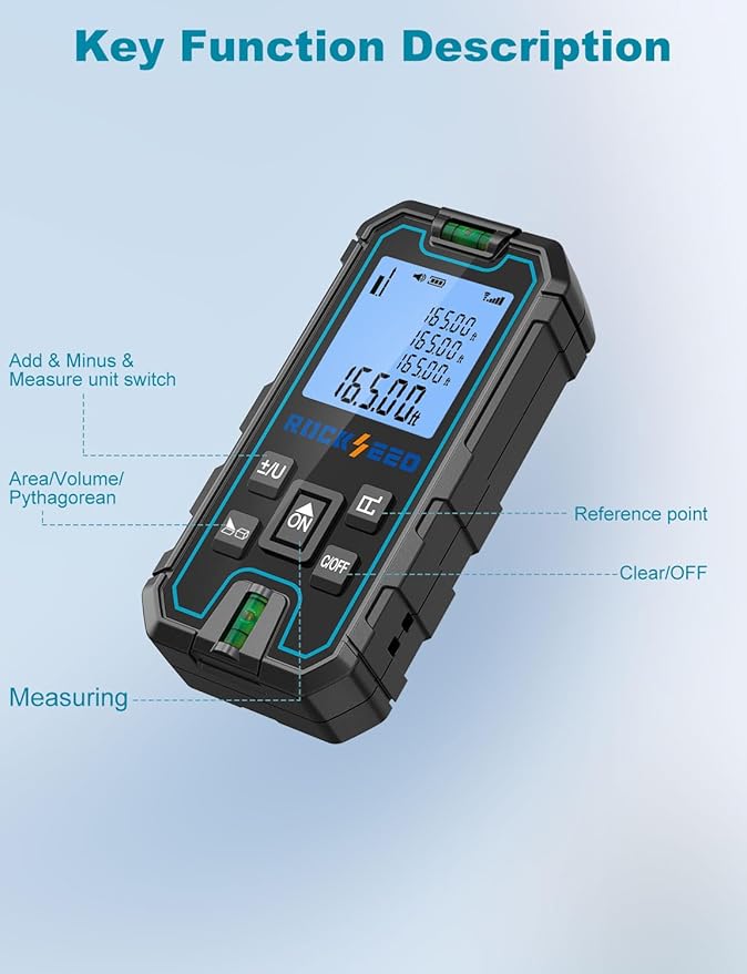 Laser Measure 165 Feet, RockSeed Portable Laser Distance Meter, Digital Distance Measurement with 2 Bubble Levels, Laser Distance Measure with 5 Units Conversion