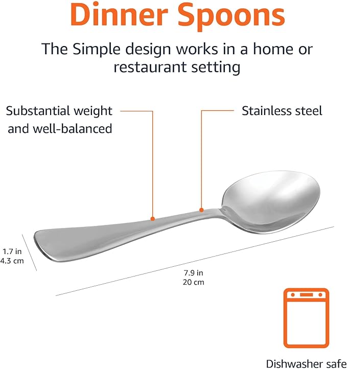 Amazon Basics Stainless Steel Dishwasher Safe Dinner Spoons with Round Edge, Large Tablespoons, Substantial Weight, 7.9 inches, Silver, Pack of 12