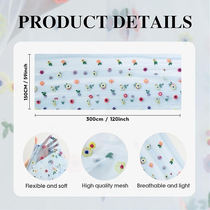 Artoid Mode Blue Embroidery Daisy Spring Gauze Table Runner 59x120 Inch 10FT, Seasonal Sheer Kitchen Dining Holiday Wedding Birthday Table Decor for Home Party