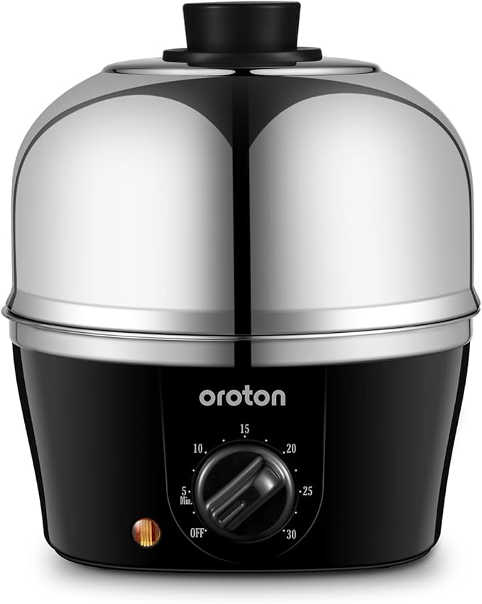 Oroton 9-Egg 304 Stainless Steel Egg Cooker – Steam & Boil Eggs with Timer, Automatic Shut-Off & 3 Cooking Modes (Black)(Hard/Medium/Soft)