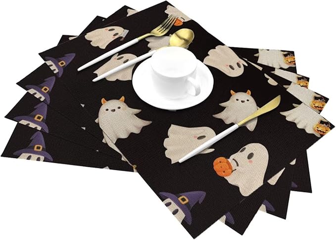 Halloween Cute Placemats 12x18 Inch Set of 4, Halloween Funny Ghost Pumpkin Table Place Mat Black and White Ghost Washable Table Mats Decorative Linen Fabric Table Mat for Dining Table