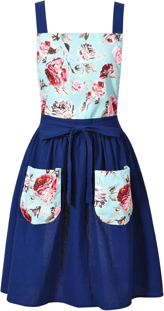 Pinknoke Vintage Pinafore Apron Dress for Women with Pockets Cute Floral Chef Aprons for Kitchen Cooking Baking Gardening