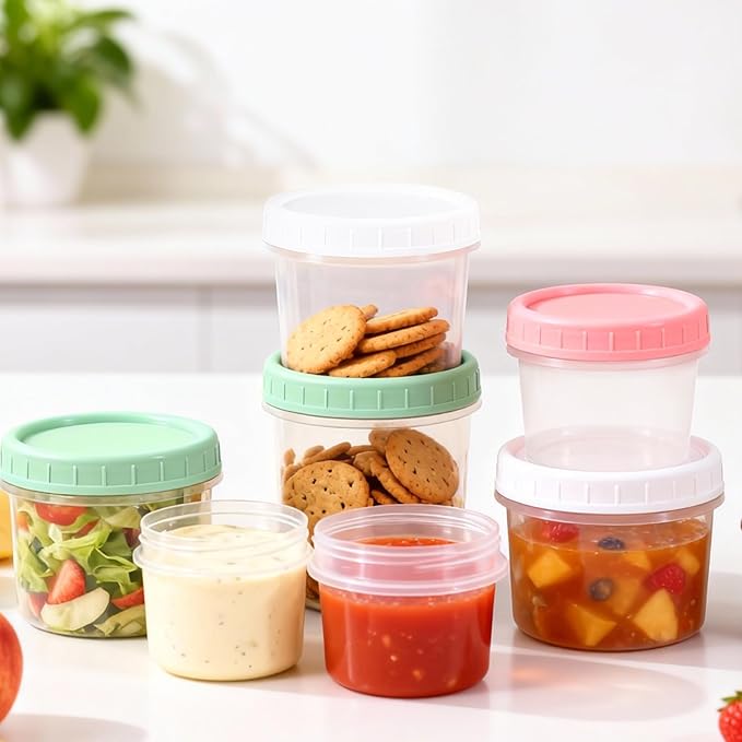 DEMORA 6 oz Small Plastic Containers with Twist on Lids [20 Sets], Stackable Little Food Storage Containers for Snack Lunch Meal Prep Salad Dressings, Freezer/Microwave/Dishwasher Safe, BPA Free