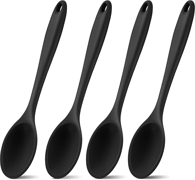 Shappy 4 Pieces Silicone Cooking Spoons 10.6 Inch Heat Resistant Kitchen Spoons for Mixing, Serving and Stirring Upgrade Large Non Stick Basting Utensils, Dishwasher Safe(Spoon,Black)