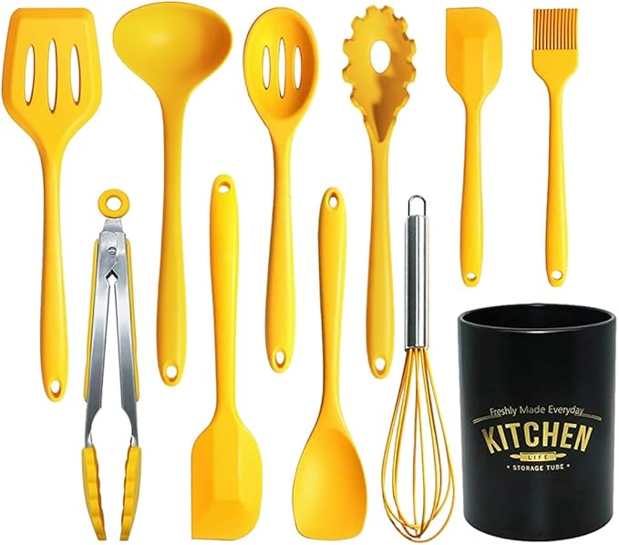 11Pcs Silicone Cooking Utensils Set - Heat Resistant Kitchen Tools, Spatula, Turner, Tongs, Spoon, Whisk, BPA Free, Dishwasher Safe, Nonstick Cookware Utensils (Yellow)
