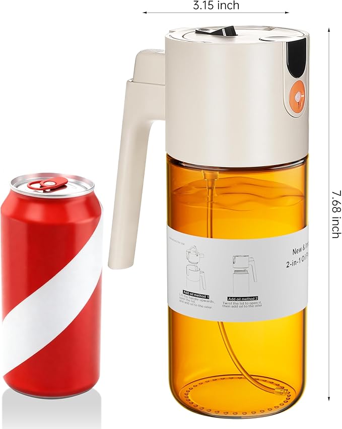 OURCABECUE Upgrade 2 in 1 Oil Sprayer for Cooking, 17oz Light-Blocking Glass Olive Oil Dispenser Bottle for Kitchen,Food-Grade Oil Mister with 8 Stickers for Salad, Frying (Brown Bottle-White Cap)