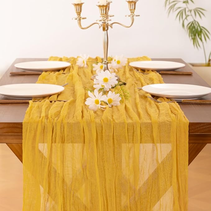 Socomi 6pcs Gold Yellow Easter Spring Cheesecloth Table Runner Boho Rustic Gauze 120 inch 10FT Cheese Cloth Runner for Wedding Party Baby Shower Birthday Home Decor Holiday Decorations