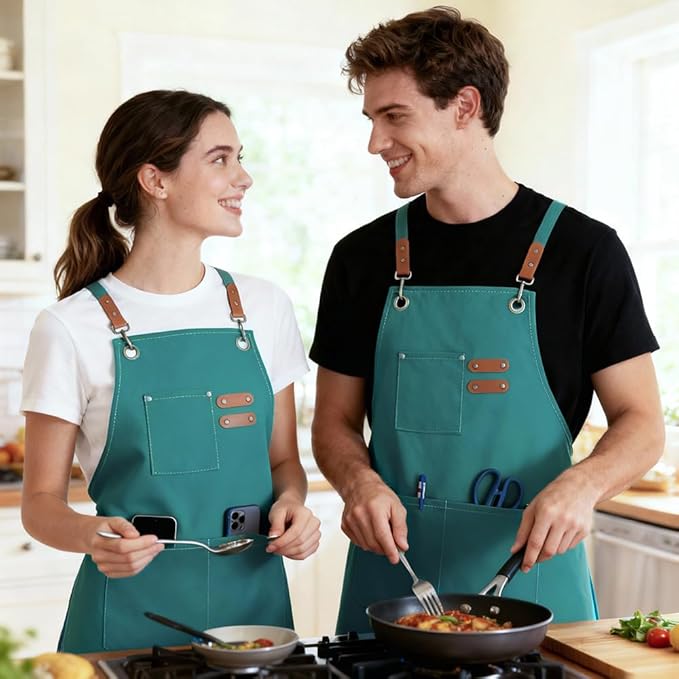 Chef Apron for Women Men with Pockets, Cotton Canvas Cross Back Adjustable Gardening Apron
