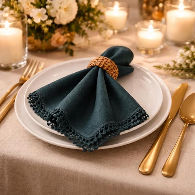 Bedding Craft Cotton Cloth Dinner Napkins Set of 12 – 18x18 Magical Forest with Decorative Lace Selvedge – Elegant Machine Washable Fabric Napkins for Weddings, Parties, Baby Showers & Dining