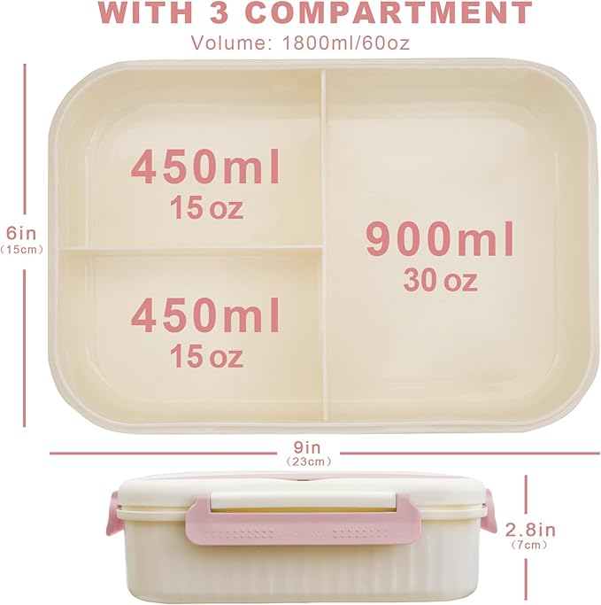Bento Box Adult, 1800 ML Bento Lunch Box for Kids Children with 3 Compartments, Lunch Food Containers with Spoon & Fork, Microwave & Dishwasher Safe, BPA-Free and Food-Safe Materials(Pink)
