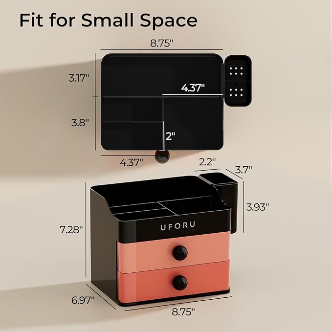 Makeup Organizer for Vanity with Brush Holder, Countertop Skincare Organizer with 2 Drawers, Spacious Cosmetic Display Case for Perfumes, Eyeshadow Palettes, Nail Polishes