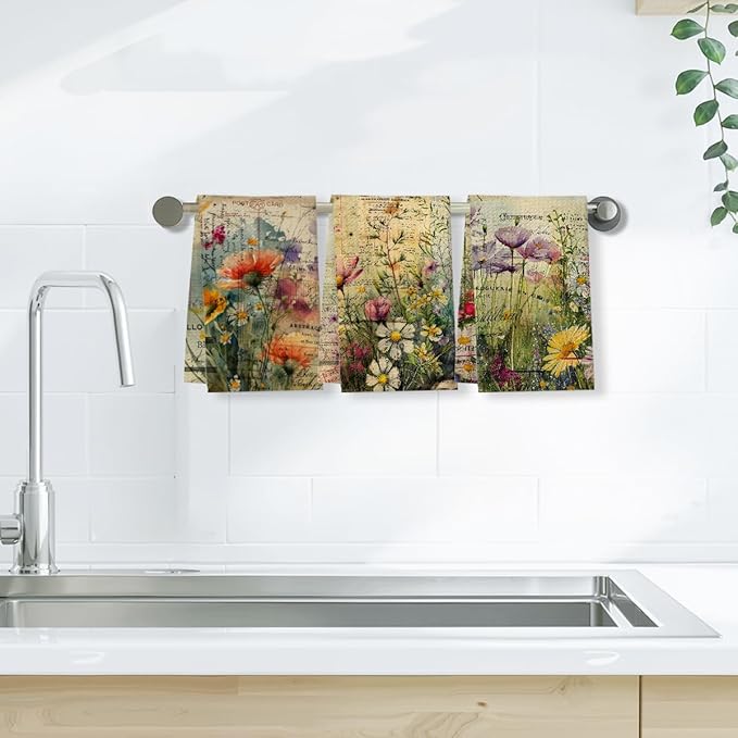 ZHAMEN 3 Pcs Watercolor Design Kitchen Towels, Colorful Flower Decorative Absorbent Microfiber Dish Cloth Tea Towel, Vintage Waffle Soft Hand Towels for Farmhouse Home Bathroom, Housewarming Gifts