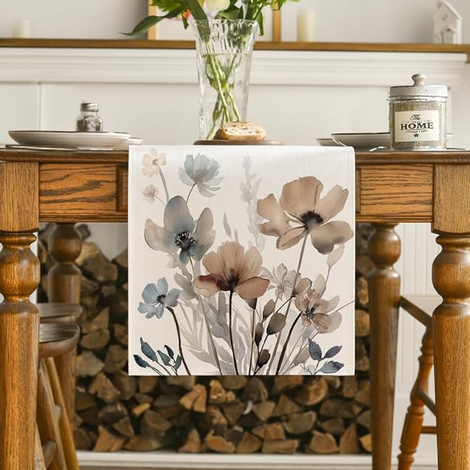Artoid Mode Brown Poppy Floral Leaves Spring Table Runner, Seasonal Summer Kitchen Dining Table Decoration for Home Party Decor 13x72 Inch