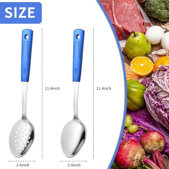 Stainless Steel Serving Spoon Set with Non-Slip Silicone Handles, 2-Piece Serving Spoon and Perforated Spoon, Home Kitchen, Parties & Daily Use (Blue)