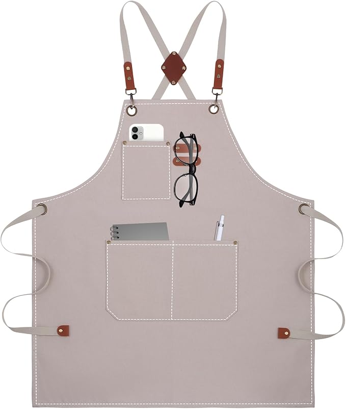 Aprons For Women Men With Large Pockets, Waterproof Cotton Chef Aprons For Cooking Server Grilling Bbq Kitchen