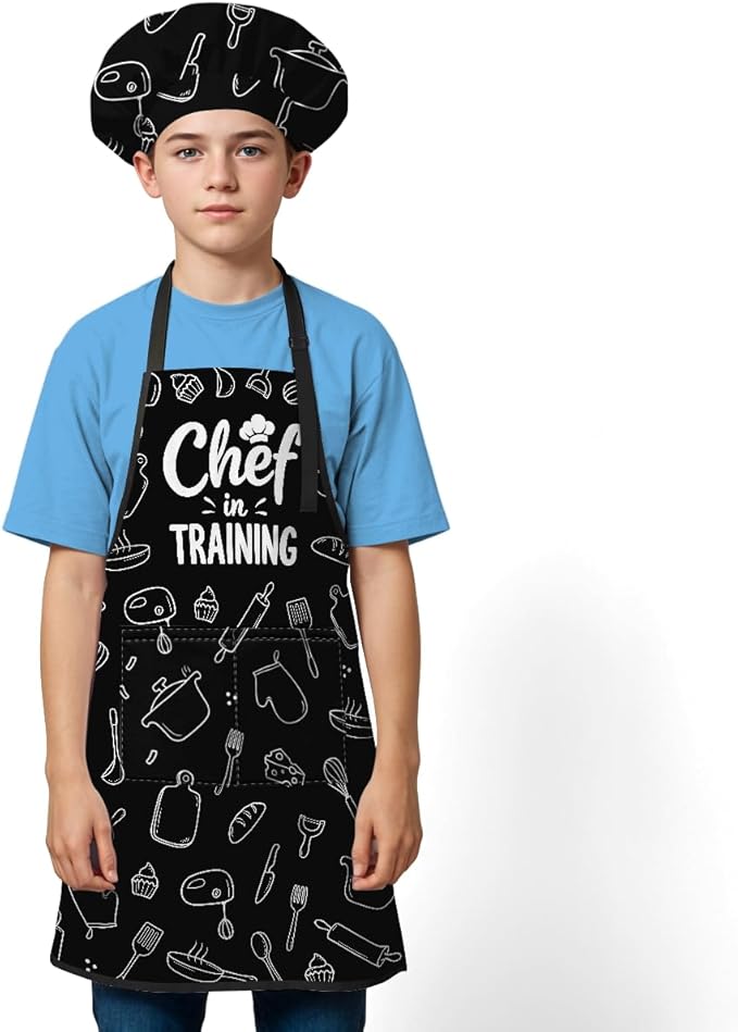 SANDJEST Kids Apron with Chefs Hat Set, Kitchen Apron Gifts