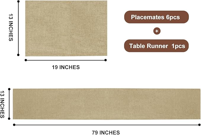 Table Runner and Placemats Set of 6 for Kitchen Dining Table Farmhouse Style Thick Linen Double Layer Heat Resistant Washable Place Mats Set/ Beige