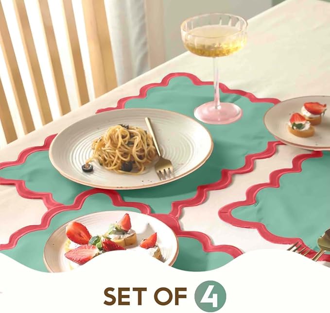 Folkulture Placemats Set of 4 (13 x 19) | 100% Cotton, Cute, Heat Resistant,Machine Washable Scalloped Place Mats | Green & Red Rectangular Cloth Table Placemats or Dining Table Mats for Dinner Party