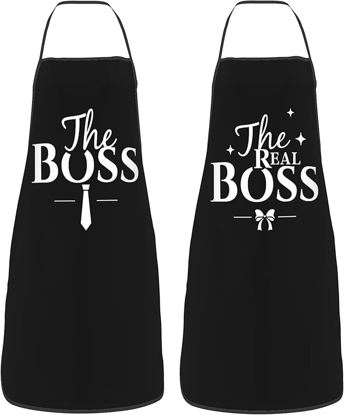 2Pcs Apron Waterdrop Resistant The Boss &The Real Boss Aprons Funny Cooking Kitchen Aprons for Women Men Chef Valentine's Day Gifts Wedding Gifts for Couple Cool Bridal Engagement Gifts